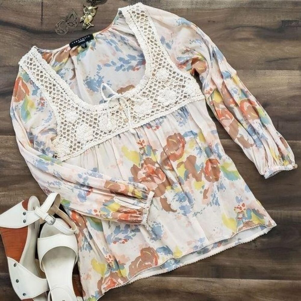 Sanctuary Crocheted Peasant Blouse Womens Small Boho Floral Sheer